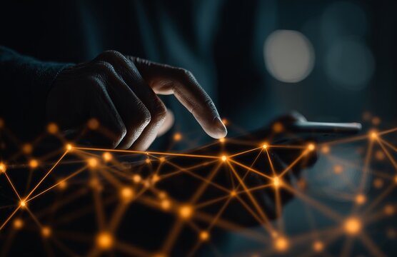 A person uses a next‑generation mobile device, their fingers pressing a display that visualizes sophisticated data streams, emphasizing contemporary tech and global interconnection