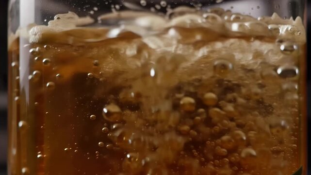 Closeup of bubbles rising in beer during fermentation process with macro shot of the brewing activity