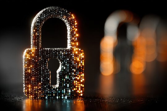 Futuristic cyber security illustration. Wireframe closed lock on blue blur background. Padlock technology, cybersecurity, and digital connection