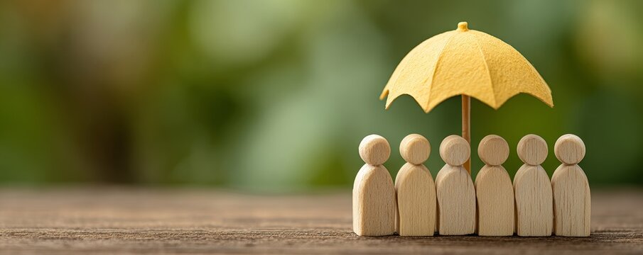 A group of bright paper figures stands under an open orange umbrella, representing group safety, security for team members, and the idea of life and health benefits