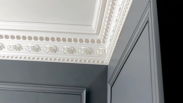 Ornate White Ceiling Cornice Molding with Decorative Plaster Details in Classic Interior Architecture