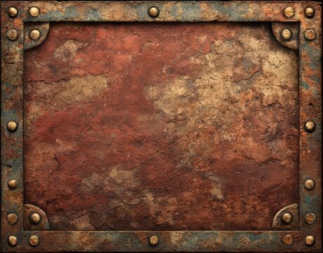 Close-up of aged rusted iron panels shows a textured surface with orange‑brown patina and dark rough edges, while riveted metal sheets form an industrial background