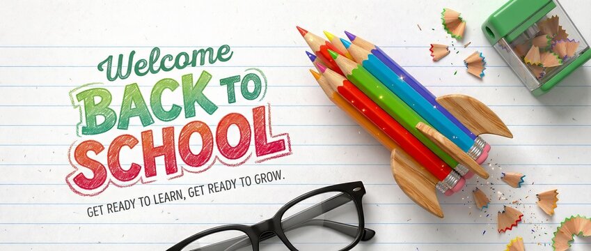 A colorful welcome back to school poster with pencils and glasses on a lined paper background