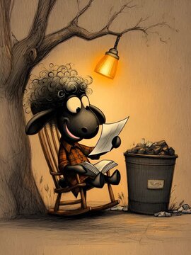 Un cordero lee un libro en una mecedora bajo una l&aacute;mpara, con un cubo de basura lleno de papeles a su lado.