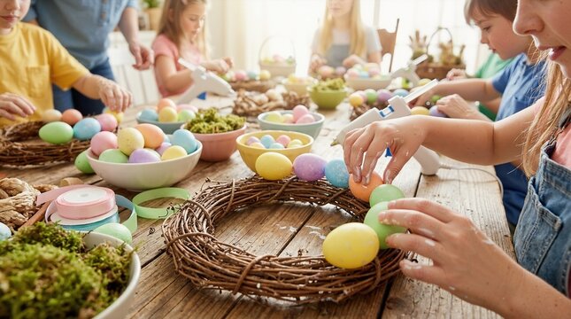 Children making Easter wreaths with colorful eggs and moss. Close up of hands doing spring holiday crafts on wooden table. DIY Easter decoration workshop