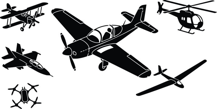 Flat design mixed vintage and modern aircraft silhouettes side view aerial composition including propeller plane biplane jet helicopter drone glider