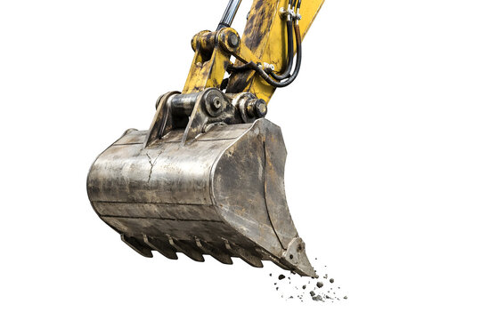 Yellow excavator bucket with teeth scooping dirt isolated on transparent background