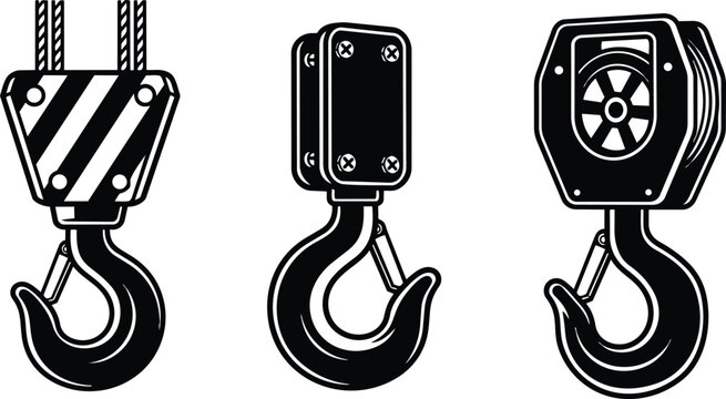 Line art industrial crane hooks three side view center hook safety latch pulley block casing textured metal monochrome vector illustration