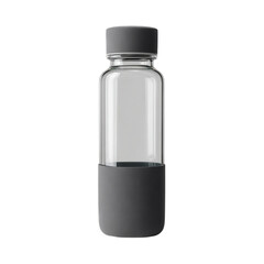 Elegant glass and silicone water bottle in a soft charcoal color. Isolated white background. Png format