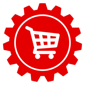 E-Commerce und Online Shopping Einstellungen Icon Illustration als rotes Zahnrad mit Warenkorb Symbol Grafik f&uuml;r Handel, Vektor, transparent, png Hintergrund