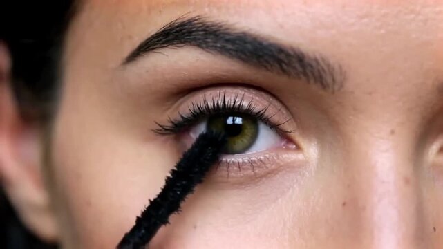 mascara being applied to green eye in closeup