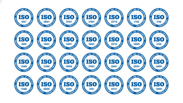 A series of blue ISO certification logos arranged in rows on a white background.