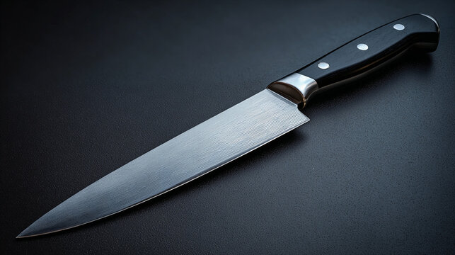 Professional chef's knife with black handle on dark background, studio.