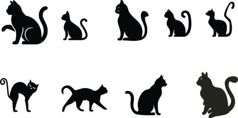Eight cat silhouettes vector set. Sitting and walking feline poses in clean horizontal layout. Minimalist black and white design isolated on white background. © SILHOUETTE-QUEEN