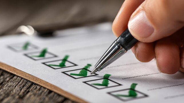 The individual uses a green pen to fill out a tax form, denoting esg due diligence checklist evaluation form