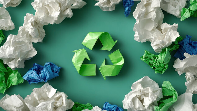 Green recycle symbol crafted from crumpled paper, surrounded by colorful waste paper balls on a teal background, illustrating recycling and waste management