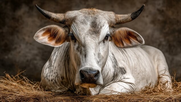 The Brahmin zebu cow, a gentle farm animal, rests in a sun‑lit cowshed surrounded by hay, appearing calm and content as a peaceful, traditional rural domestic mammal