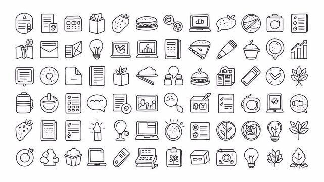 4K hand-drawn doodle animation of business and nature icons. Features alpha channel on transparent background for easy overlay.