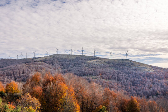Traditional pomak villages Ano Vyrsini and Organi near the Rodopi mountains region, Komotini and Xanthi Greece, Basma tobacco cultivation, beautiful landscape, wind turbines