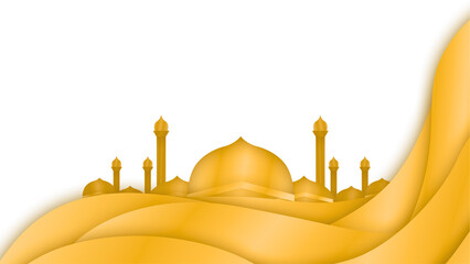 Golden mosque silhouette with minarets and domes on wavy desert sand dunes background image © Akash