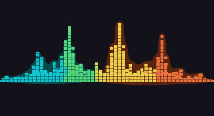 Obraz premium Colorful sound equalizer bars, vibrant audio spectrum visualization on dark background.