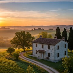 Picturesque farmhouse basks under golden dawn in the Tuscan countryside
