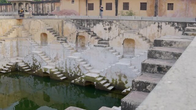 Slow Motion Architecture Panna Meena Kund, Jaipur Stepwell Sunrise, Symmetrical Geometric Stairs Rajasthan India