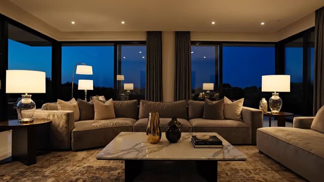 Elegant Evening Lounge: An inviting and luxuriously appointed living space, bathed in the soft glow of interior lighting, creates a tranquil atmosphere perfect for evening relaxation.  