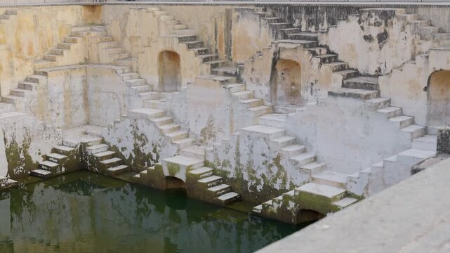 Slow Motion Architecture Panna Meena Kund, Jaipur Stepwell Sunrise, Symmetrical Geometric Stairs Rajasthan India