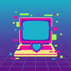 Naklejka premium A vibrant, flat vector illustration of a laptop with a heart on its keyboard, surrounded by colorful blocks and squares on a grid background, conveying a futuristic romance and 90s