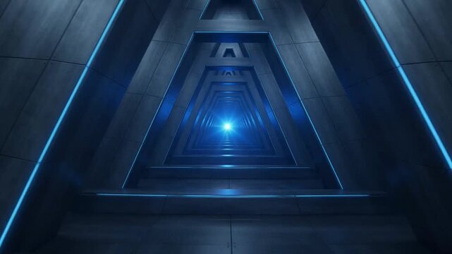blue  lit triangular tunnel receding into light
