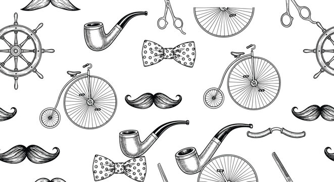 Vintage gentleman seamless pattern featuring penny farthing bicycles smoking pipes moustaches bow ties and nautical ship wheels in hand drawn style.
