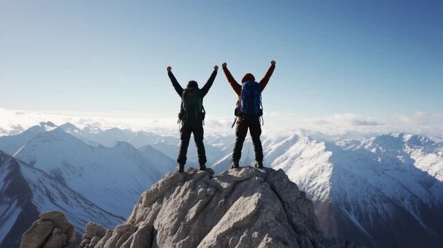 Two adventurous people standing on a mountain peak in a serene natural landscape video