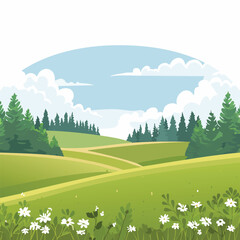 Fototapeta premium Cartoon landscape with green hills trees and a bright blue sky