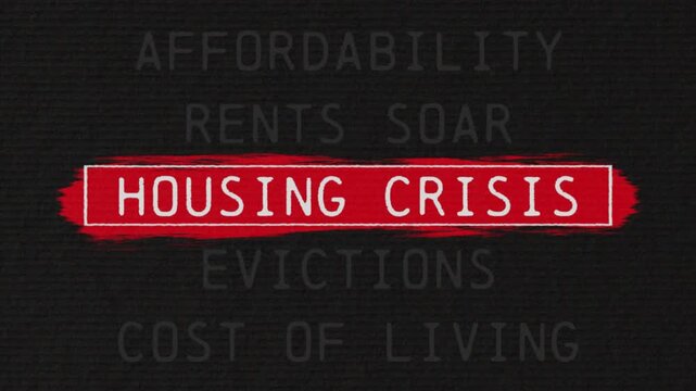 Housing crisis scrolling text sequence with documentary style title animation for news topic and trend