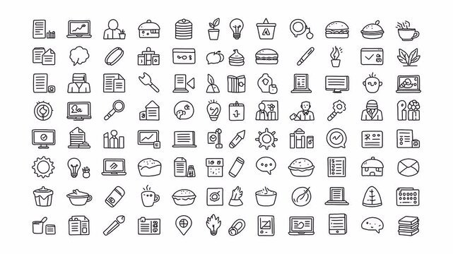 4K tech devices and lifestyle items grid. Engaging hand-drawn doodle animation with alpha channel on transparent background.