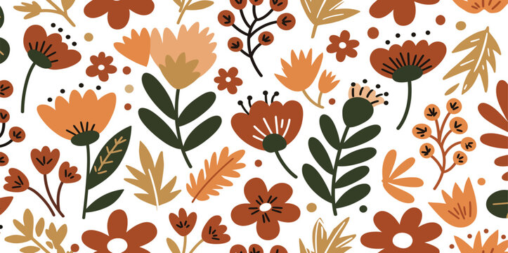 Vibrant autumn floral pattern with orange yellow and green flowers on white background seamless design