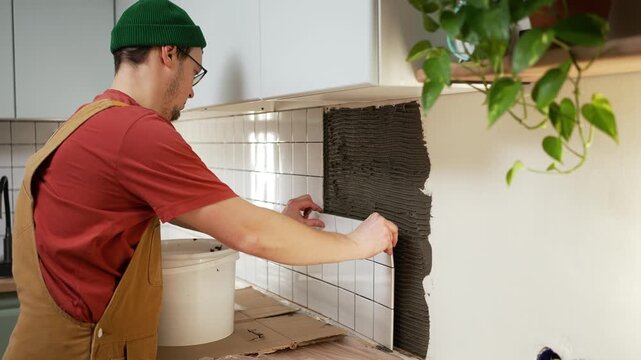 Professional tiler installing white ceramic tiles on a kitchen backsplash wall with adhesive. Home improvement and interior renovation process with a skilled construction worker