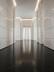 Obraz premium Symmetrical Corridor of White Tiled Walls and Black Marble Floor Texture