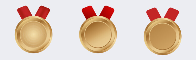Gold medals with red ribbons on white background.