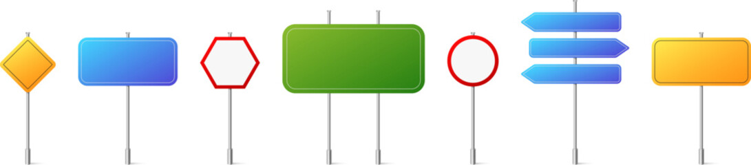 Colorful road signs collection: shapes and directions.