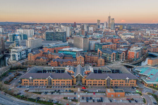 Asda House Leeds, important offices of UK supermarket retailer. Aerial view with Leeds at sunset. 