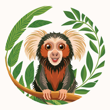 Cartoon marmoset monkey surrounded by leaves on white