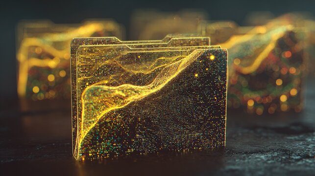 Glowing digital data folders materialize with shimmering particle effects in a dark environment