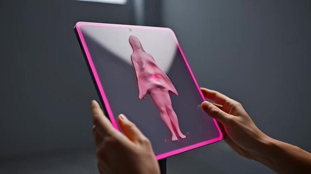 A person interacting with a 3D video avatar on a digital screen with pink outline