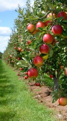 Red apples ripen on branches in an orchard with green grass and blue sky