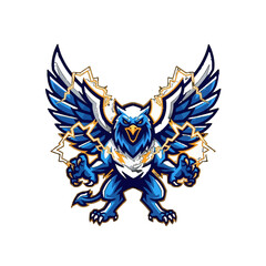 Dynamic Blue Eagle Mascot with Spread Wings and Lightning Bolts, Powerful Bird Character Isolated White Background