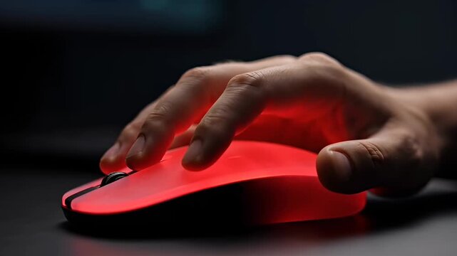A person's hand using a glowing red computer mouse in a dark room for navigation and control