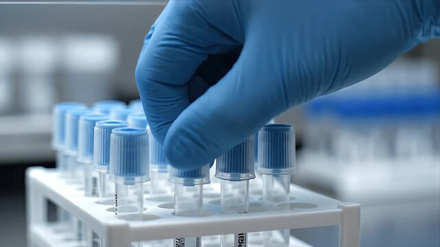 Blue gloved hand securely closes PCR tube caps in laboratory rack with shallow depth of field