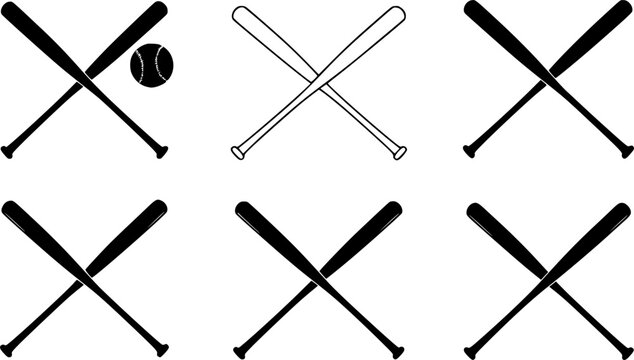 set of crossed baseball bat silhouette, black and white silhouette, vector and illustration
